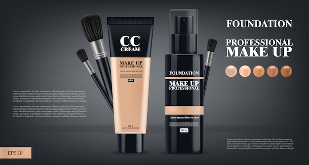 Foundation and cc cream realistic, make up cosmetics, professional, black bottle 3d package, five color illustration