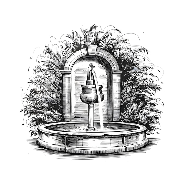 Fountain ink sketch drawing black and white engraving style vector illustration