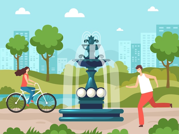 Vector fountain in park. nature background urban garden with water decorative fountain ornate objects vector illustrations. fountain in park, liquid from exterior building