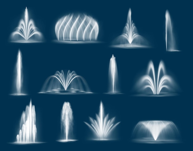 Fountain water jets isolated cascades and single splashing streams, 3d water jets spurt up. Waterworks elements for park decoration and design. Realistic multiple geysers flows eruption set