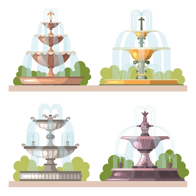 Vector fountains. water beauty decorative constructions for gardens outdoor park vector cartoon illustrations. waterfall stream collection for decoration park