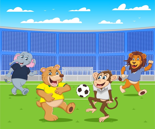 ベクトル スタジアムサッカーの4つの動物漫画遊びサッカー