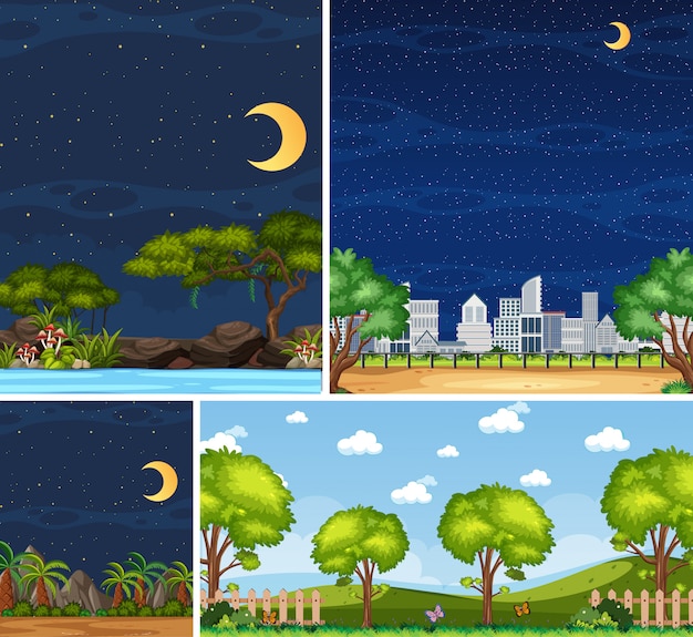 Vector four background different nature scenes with green trees in different times