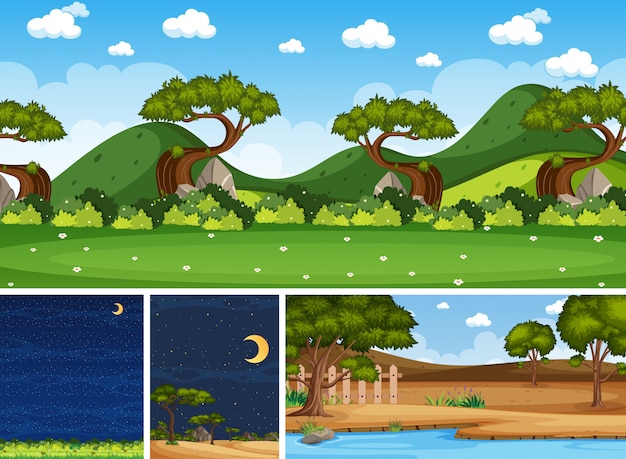 Четыре фоновых разных сцены природы с зелеными деревьями в разное время