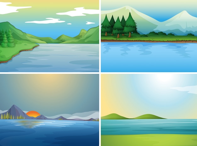 Four background scenes with lake and hills