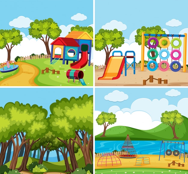 Quattro scene di sfondo con parchi giochi e foresta
