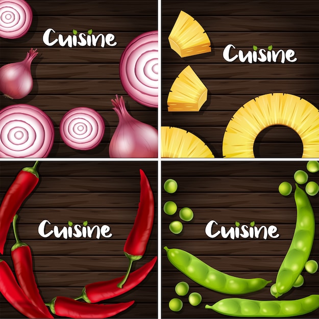 Four background with different vegetables