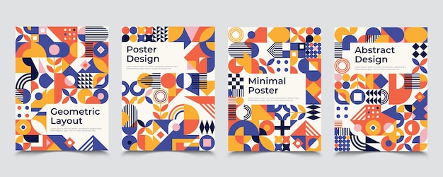 Four bauhaus inspired posters with square figures and text Minimal modern abstract brochures