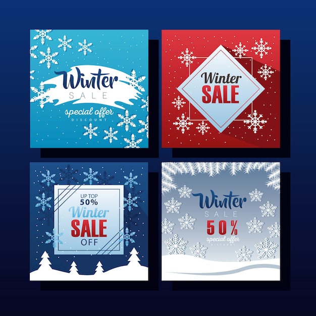 Vector four big winter sale letterings with snowflakes illustration design