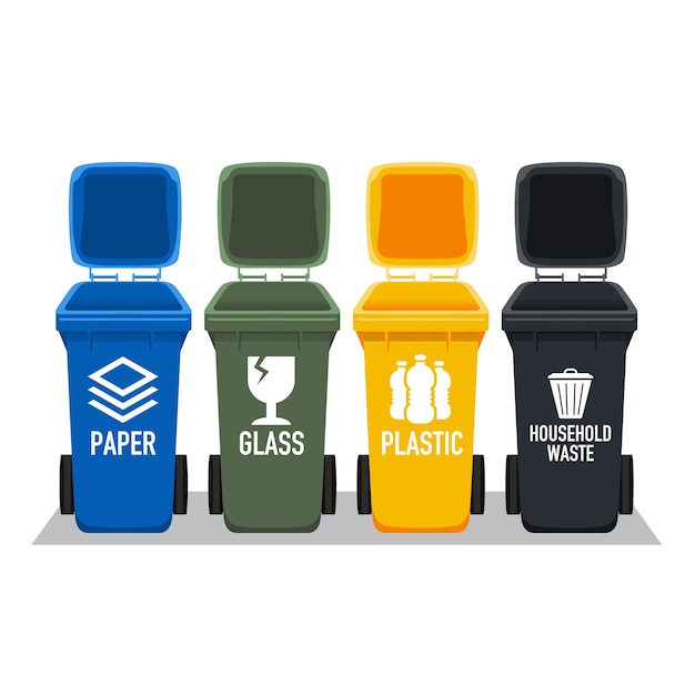 Four bins for different types of waste A set of trash bins on wheels with open lids