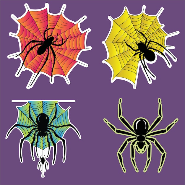 Vector four black spiders on orange and yellow webs against purple background