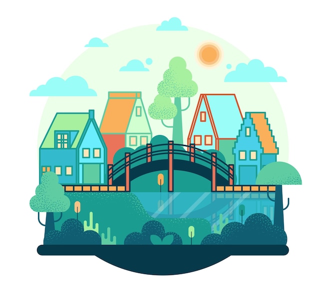 Four boathouse next to the river and bridge Vector illustration in flat stile