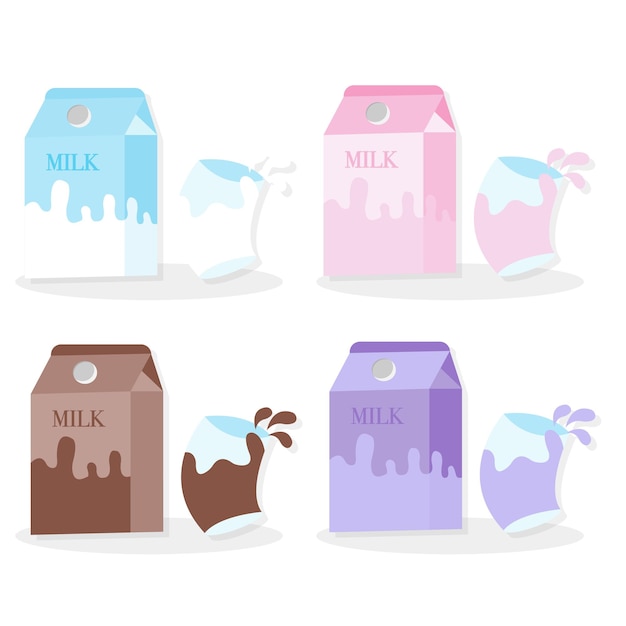 Vector four boxes of fresh milk and four glasses of chocolate, vanilla, strawberry and blueberry flavored m