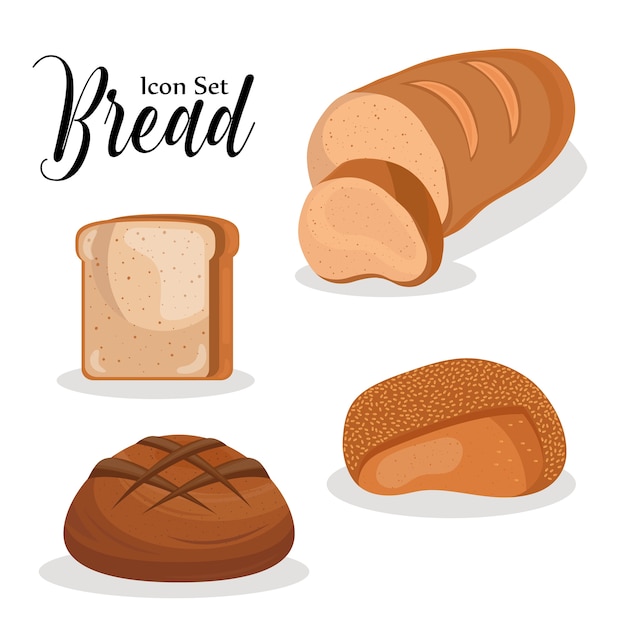 Четыре хлеба вкусные кондитерские изделия и надписи.