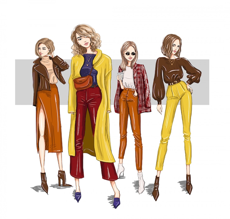 Vector four bright girls models in trendy outfits