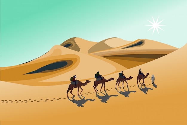 four camel riders are hiking in the hot sun in the desert 