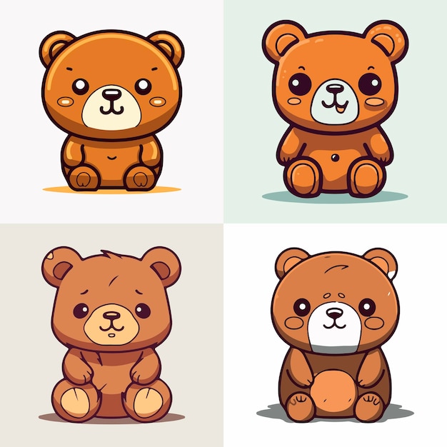 Четыре мультяшных медведя в разных позах на светлом фоне.