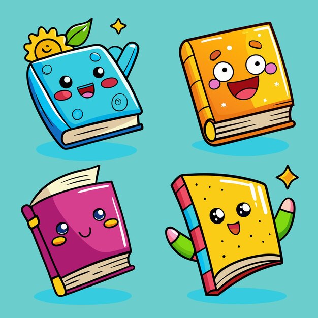 Vector four cartoon books with cute faces blue orange pink and yellow