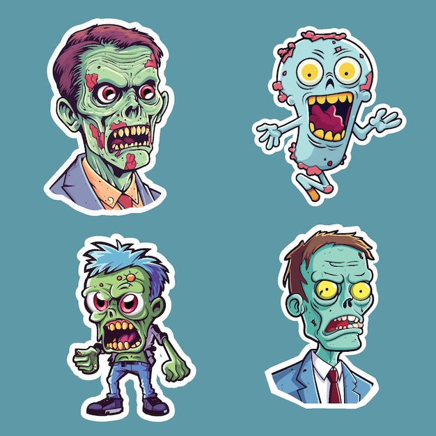 Vettore quattro adesivi zombie cartoni animati con vari colori della pelle, vestiti ed espressioni