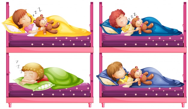 Vettore quattro bambini che dormono in bunkbed illustrazione