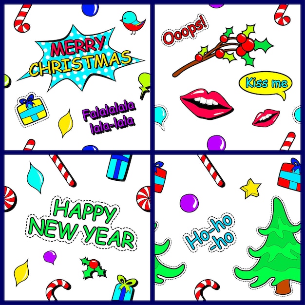 Vector four christmas and new year seamless pattern in pop art comic style