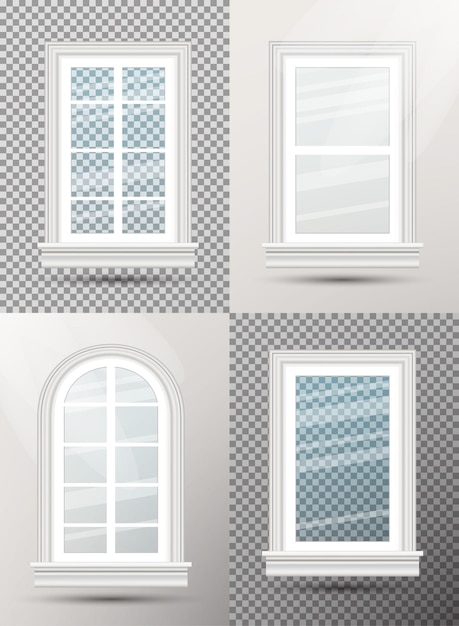 Vector four closed realistic glass windows with shadows vector illustration design element of architecture window frames