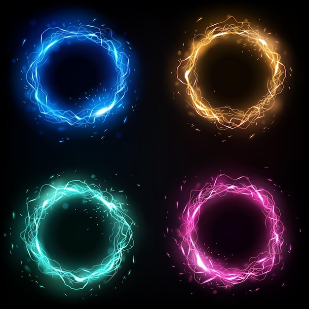 Four Color Lightning Rings with sparks effect 4 isolated sets Vector Illustration