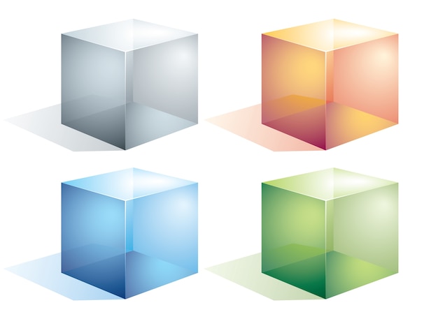 Quattro cubi trasparenti colorati isolati su bianco