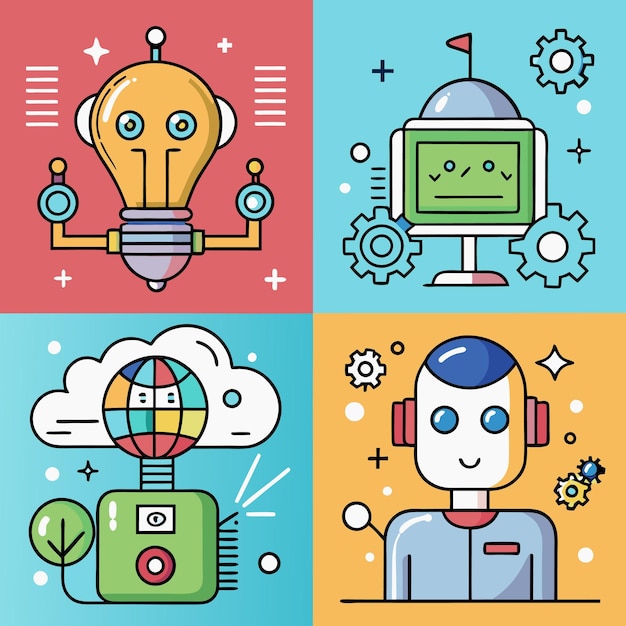four colorful illustrations of robots in various activities including a robot with a lightbulb head a robot with a computer screen a robot with a globe head in a cloud and a robot with headphones