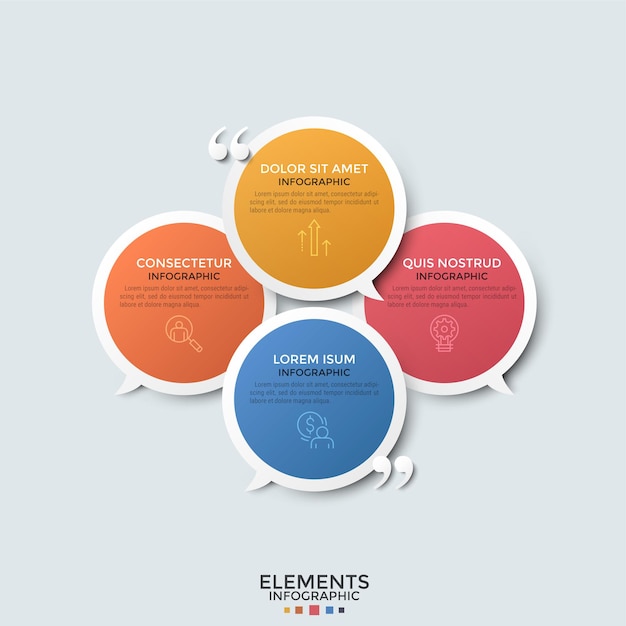 Quattro palloncini colorati rotondi sovrapposti posizionati in cerchio, icone a linee sottili e virgolette. concetto di 4 messaggi di chat o citazioni. modello di progettazione infografica creativa.