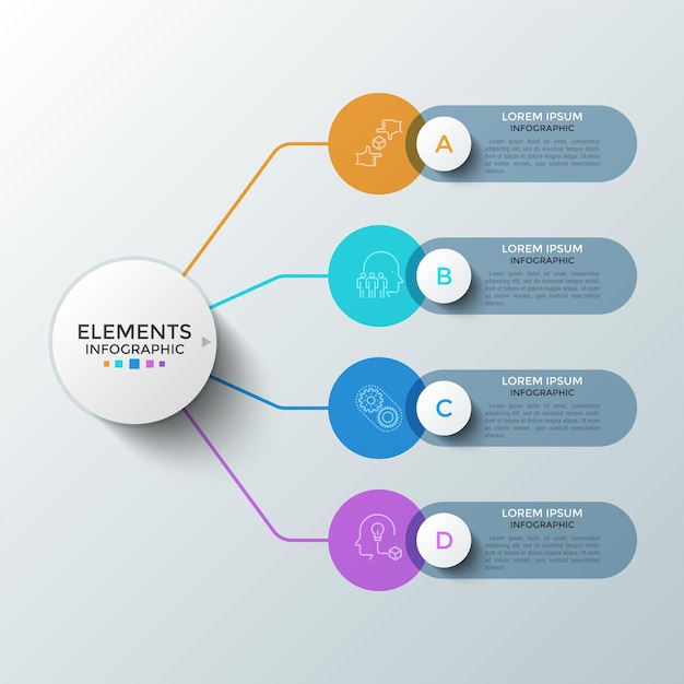 Quattro elementi rotondi colorati con simboli lineari all'interno e caselle di testo collegate al cerchio principale. concetto di 4 fasi successive di sviluppo di avvio. modello di progettazione infografica. illustrazione vettoriale.