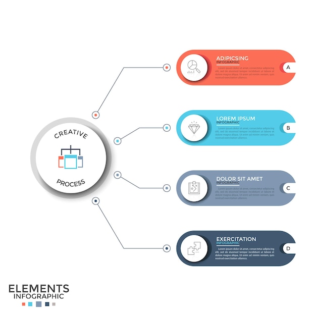 Quattro elementi arrotondati colorati con segni lineari e posto per il testo all'interno collegati da linee al cerchio bianco della carta. concetto di 4 caratteristiche del progetto. layout di progettazione infografica. illustrazione vettoriale.