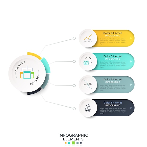 Quattro opzioni o caratteristiche arrotondate colorate collegate all'elemento circolare principale tramite linee. modello di progettazione infografica creativa. illustrazione vettoriale per schema di progetto, presentazione aziendale.