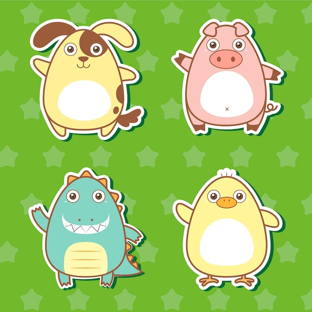 four cute animal stickers with green background.