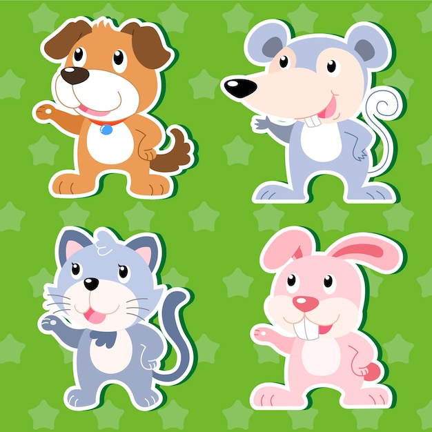 Vector four cute animal stickers with green background.