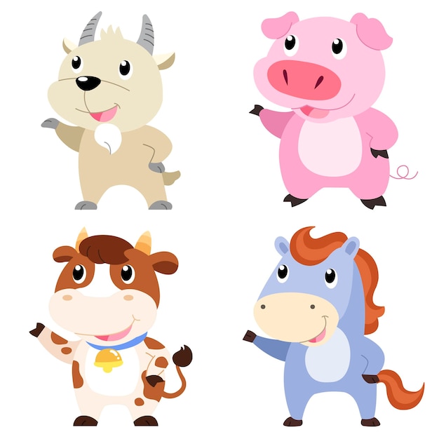 four cute animals with white background.