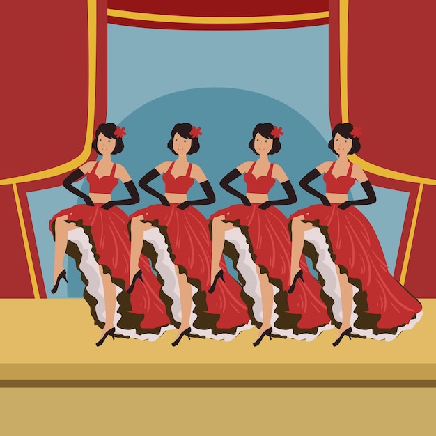 Four dancers doing cancan on theatre stage