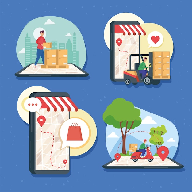 Four delivery online services scenes