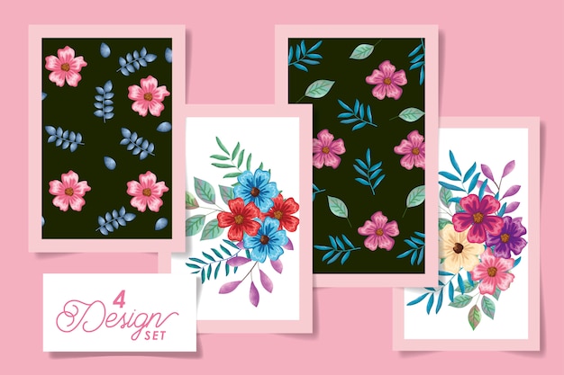 Four designs of flowers with leafs naturals