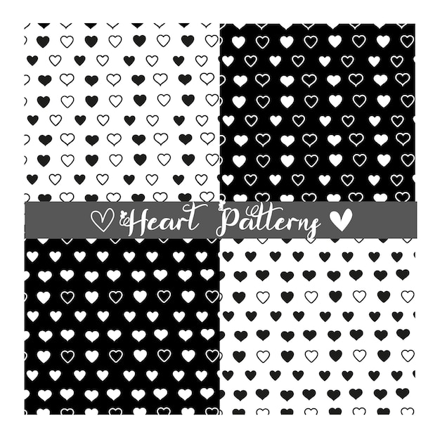 Four different Black and White Heart Patterns for Valentines' Day