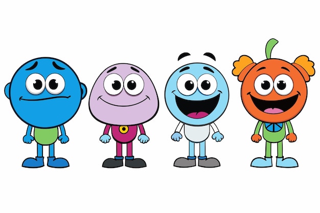 Vector four different characters with different faces and one has a smile on his face