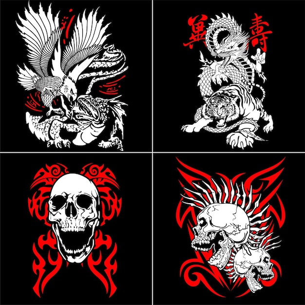 Four different designs of a dragon and a skull