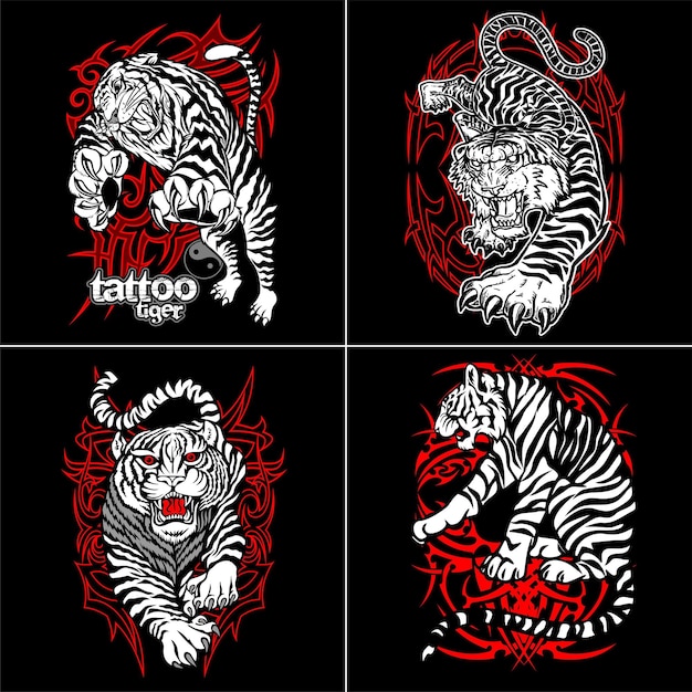 Four different designs of a tiger and a tiger