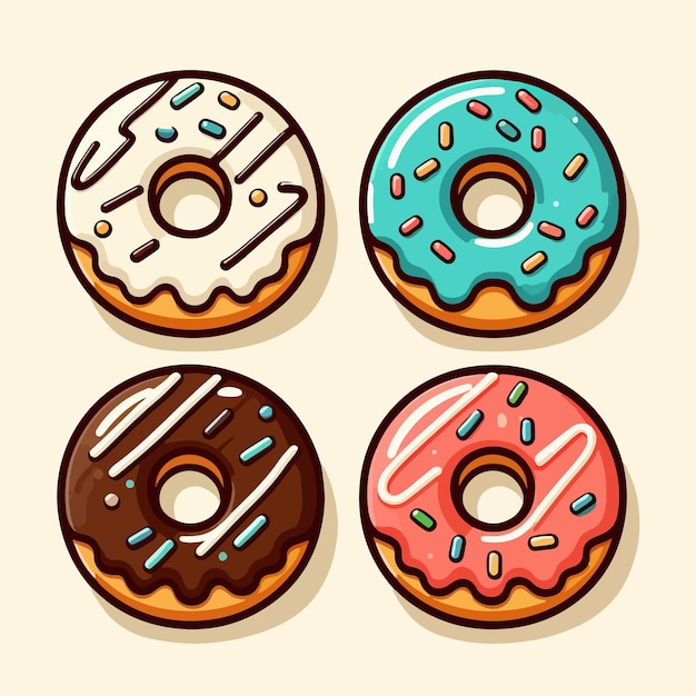 Vector four different donuts with different colors and the bottom one has a brown and blue frosting