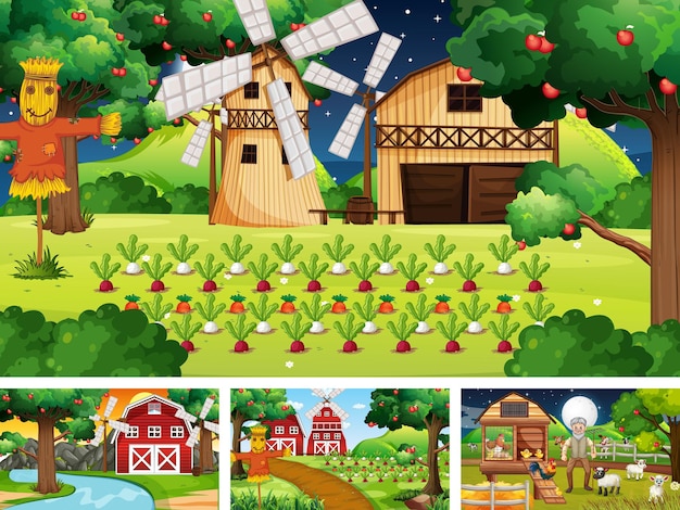 Four different farm scenes with animals