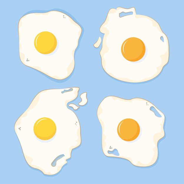 Four different fried eggs on a blue background