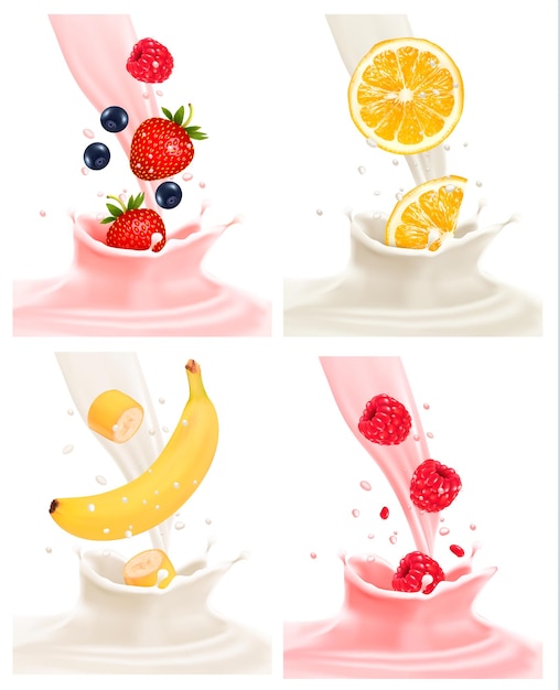 Vector four different labels with fruit falling into milk and yogurt. vector.