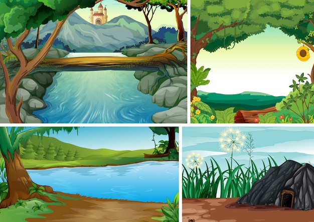 Four different nature scene of forest and river cartoon style