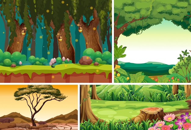 숲 만화 스타일의 네 가지 자연 장면
