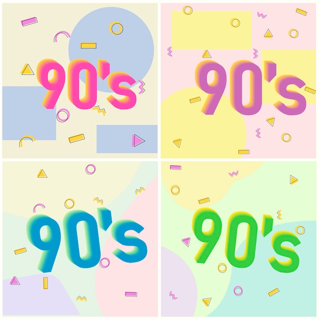 Four different neon posters in retro style with title 90's on background with different colored g